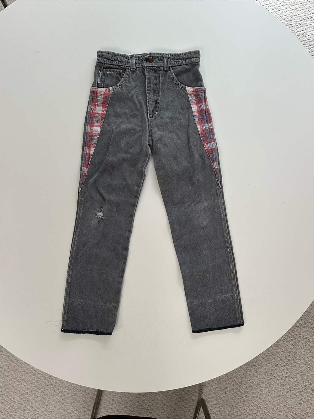 Vintage Kids Grey Denim Red Plaid Patchwork Side Panels High Rise Jeans
